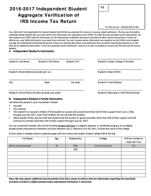 2016-2017 Independent Student Verification Form