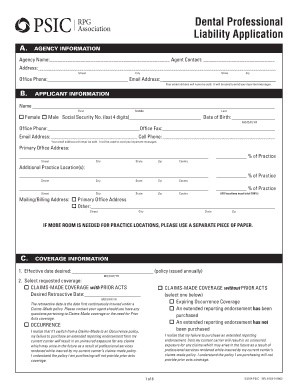 PSIC RPG Dental Professional Liability Application