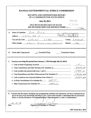 Kansas Candidate Receipts and Expenditures Report