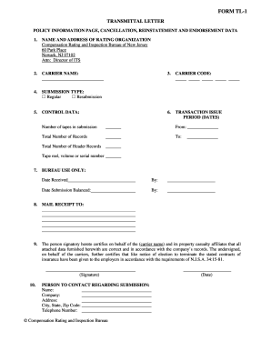 Transmittal Letter for Insurance Data Submission