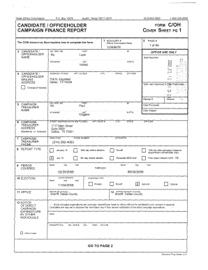 Texas Campaign Finance Report Cover Sheet