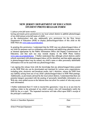 New Jersey Student Photo Release Form