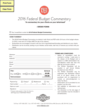 2016 Federal Budget Commentary Order Form