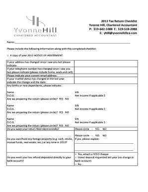 2013 Tax Return Checklist