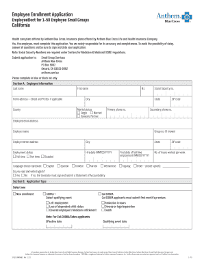 Employee Enrollment Application for Anthem Blue Cross