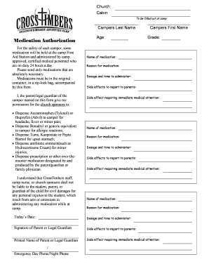 Church Camp Medication Authorization Form