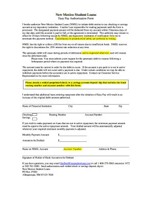 New Mexico Student Loans Easy Pay Authorization Form