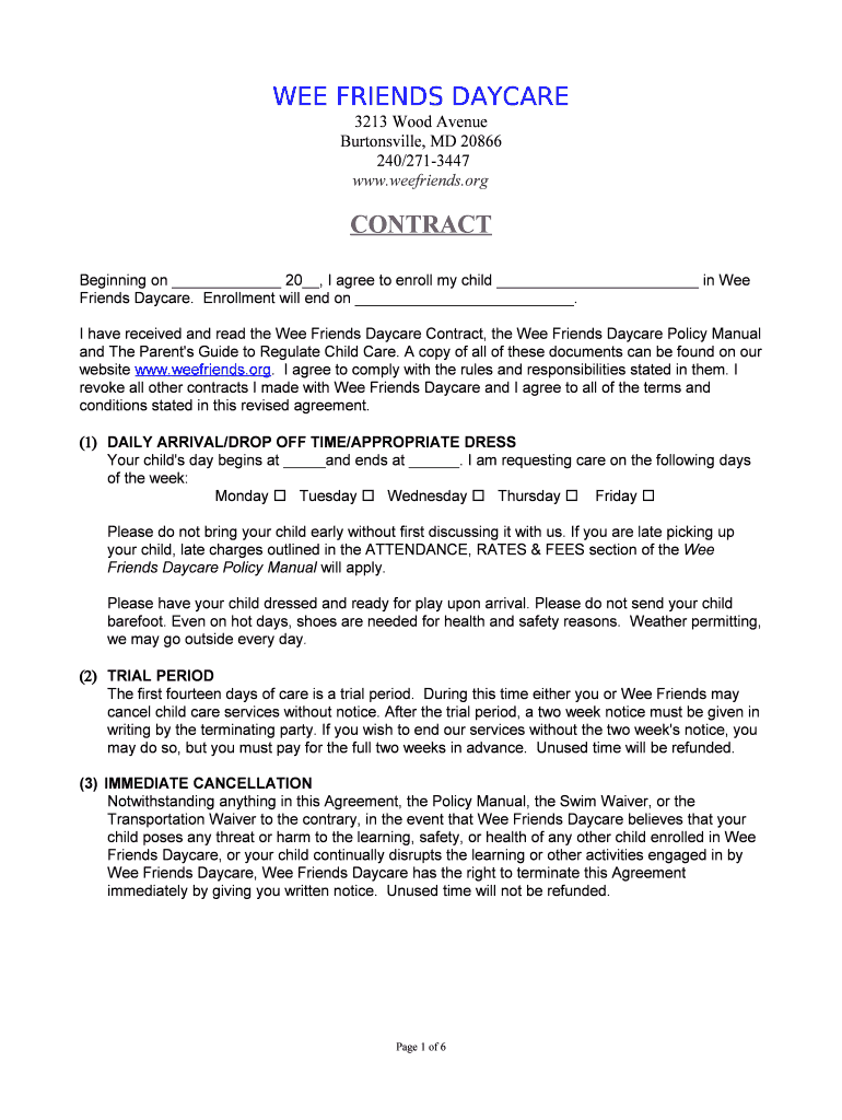 Fillable Online weefriends Beginning on 200 I agree to enroll my child