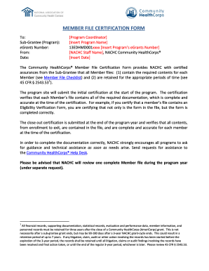 Community HealthCorps Member File Certification Form