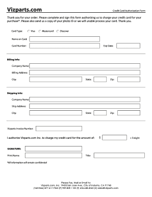 Vizparts Credit Card Authorization Form