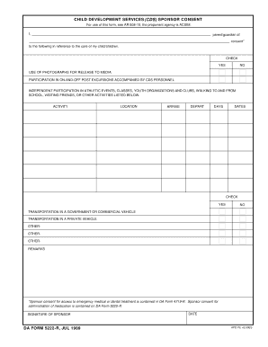 Child Development Services Sponsor Consent Form