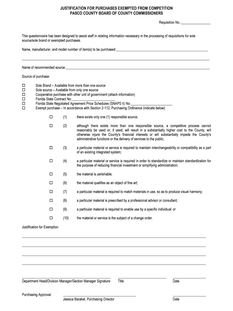 Fillable Online JUSTIFICATION FOR PURCHASES EXEMPTED FROM COMPETITION