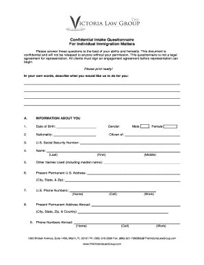 Confidential Intake Questionnaire for Individual Immigration Matters