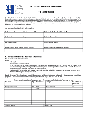 2013–2014 Independent Student Verification Form
