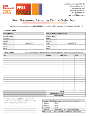 Post Placement Resource Centre Order Form
