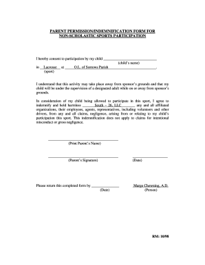 Parent Permission Indemnification Form for Non-Scholastic Sports