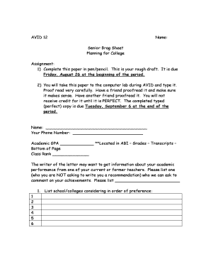 Senior Brag Sheet for College Planning