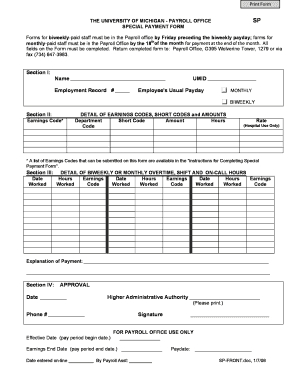 University of Michigan Special Payment Form