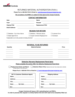 Returned Material Authorization Form