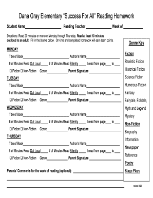 Elementary Reading Homework Form