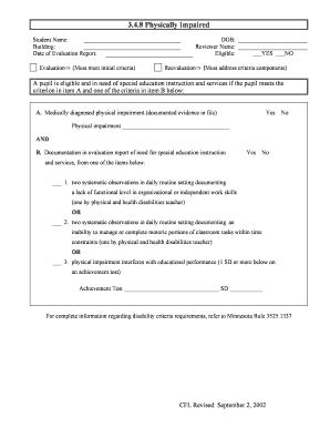 Minnesota Physically Impaired Student Evaluation Form