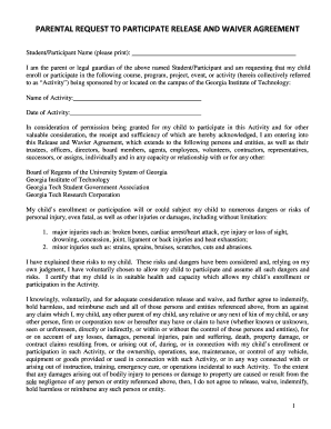 Georgia Tech Parental Request to Participate Release and Waiver Agreement
