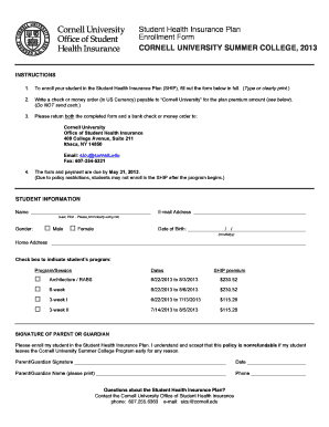Cornell University Student Health Insurance Enrollment Form