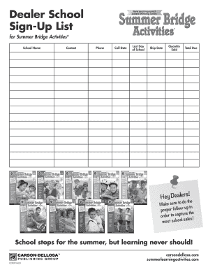 Summer Bridge Activities Sign-Up List