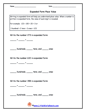 fillable online 3 expanded form place value little worksheets fax email print pdffiller