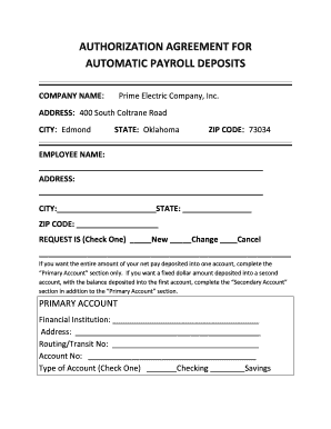 Authorization Agreement for Automatic Payroll Deposits