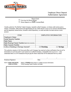 Employee Direct Deposit Authorization Agreement