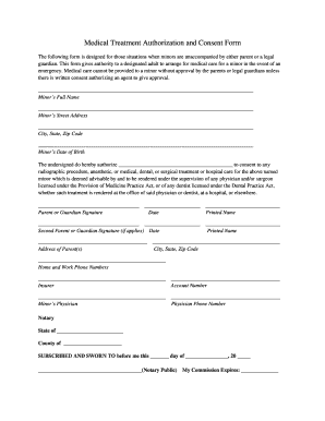 BMedical Treatment Authorizationb and Consent Form