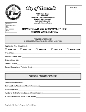 Box 9033 Temecula, California 925899033 PHONE: (951) 6946400 FAX: (951) 6946477 CONDITIONAL OR TEMPORARY USE PERMIT APPLICATION Introduction What are the criteria for CUP approval - cityoftemecula