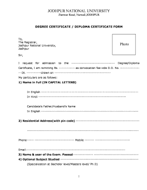 Jodhpur National University Degree/Diploma Certificate Form