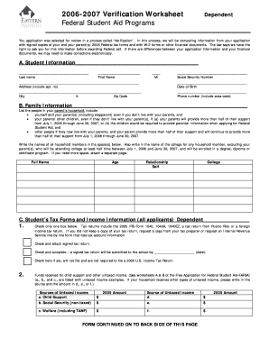 2006-2007 Verification Worksheet Dependent