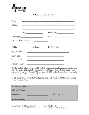 Checker Yellow Cabs Gift Card Application Form