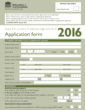 New South Wales Selective High School Application Form 2016