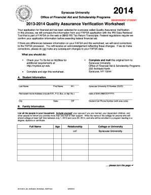 Syracuse University 2013-2014 Quality Assurance Verification Worksheet