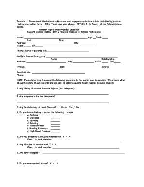 Student Medical History Form & Parental Release for Fitness Participation