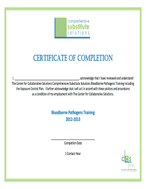 Bloodborne Pathogens Training Certificate of Completion 20122013 - public hcesc