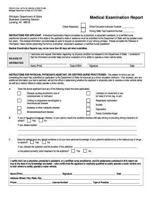 Michigan Medical Examination Report for Driver Education Instructors