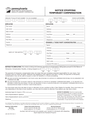 Pennsylvania Workers' Compensation Notice Stopping Temporary Compensation
