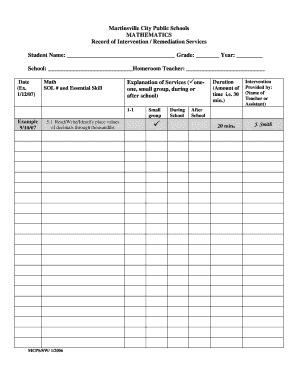 Mathematics Intervention Record Form