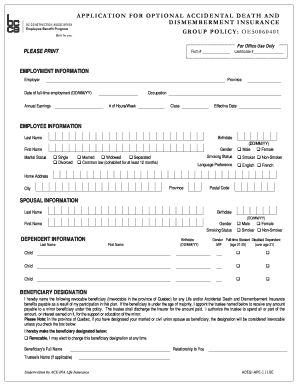Application for Optional Accidental Death and Dismemberment Insurance