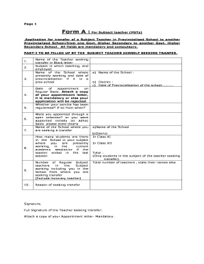Subject Teacher Transfer Application Form