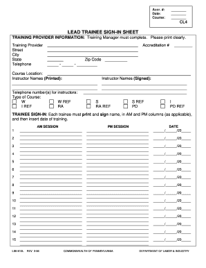 LEAD TRAINEE SIGN-IN SHEET TRAINING PROVIDER INFORMATION