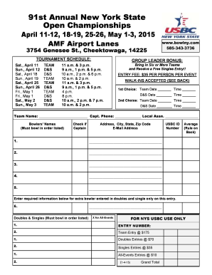 New York State Open Bowling Championships Registration Form