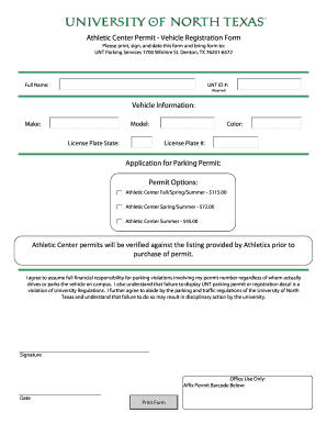 UNT Athletic Center Vehicle Registration Form