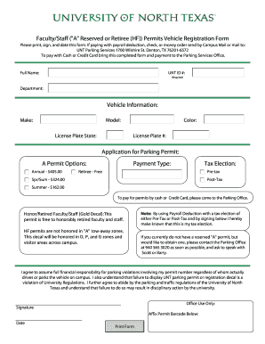 UNT Faculty/Staff Vehicle Registration Form