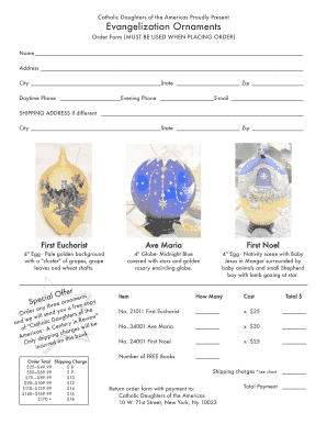 Catholic Daughters Evangelization Ornaments Order Form